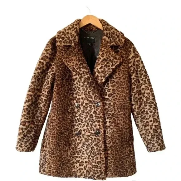Bernardo Leopard Print Faux Fur Coat Teddy Jacket Oversized Pea Coat Womens - Picture 2 of 10